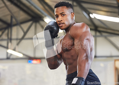 Image of African man, boxing and punching in portrait for fitness, focus or training at gym for growth, goal and competition. African guy, boxer and gloves for exercise, wellness and martial arts for sports