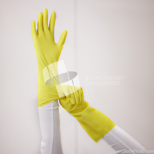 Image of Cleaner, hands and gloves with cleaning and hygiene, safety from bacteria and germs with household disinfection. Protection, sanitize and ready to clean, person with housekeeping and maintenance