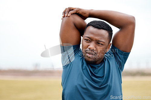 Image of Stretching, fitness and face of black man in nature for exercise, marathon training and running. Sports, healthy body and male person stretch arms for warm up, cardio workout and start for wellness