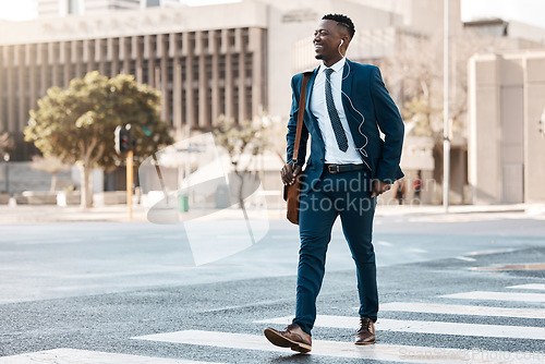 Image of Happy businessman, walking and city to work for travel on street or pedestrian crossing outdoors. Black man on cross road, walk or traveling to business with suit and smile on asphalt in urban town