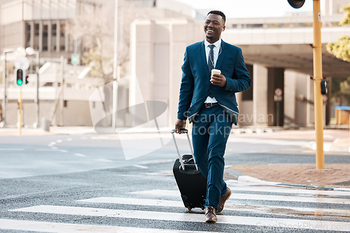 Image of Travel, business and black man with suitcase in city for international conference, global trip and meeting. Corporate, happy and male entrepreneur with luggage for journey, commute and convention