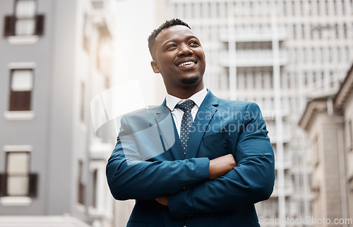 Image of Thinking, idea and business black man in city with future goals, vision and mission for company. Ideas, success and face of male entrepreneur in town with wonder, dreaming and thoughtful mindset