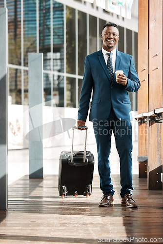 Image of Travel, business and portrait of black man with suitcase for international conference, global trip and meeting. Corporate, luggage and male entrepreneur with coffee for journey, commute or convention