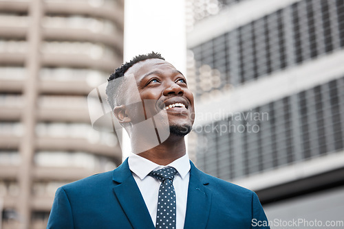 Image of Thinking, success and business black man in city with future goals, vision and mission for company. Ideas, ambition and face of male entrepreneur in town with wonder, dreaming and thoughtful mindset