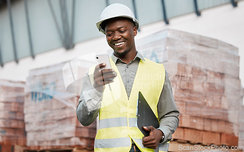 Image of Architecture, phone and smile with black man on construction site for networking, communication and digital. Engineering, building and designer with male contractor in city for property and app