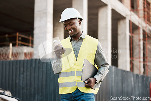 Image of Architecture, phone and inspection with black man on construction site for networking, communication and digital. Engineering, building and designer with male contractor in city for property and app