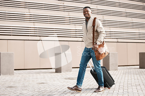 Image of Portrait, business and portrait of black man with suitcase for international conference, global trip and meeting. Travel, luggage and male entrepreneur with bag for journey, commute and convention