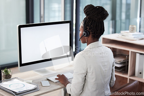 Image of Call center, computer screen and mockup with black woman in office for consulting, customer service and help desk. Communication, contact us and website with back of employee for kpi and networking