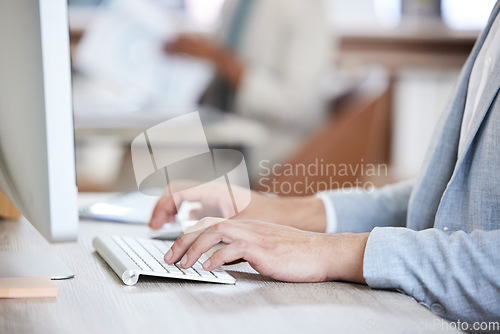 Image of Research, hands and closeup of a businesswoman typing on a computer keyboard in the office. Technology, professional and female employee working on corporate company project with desktop in workplace