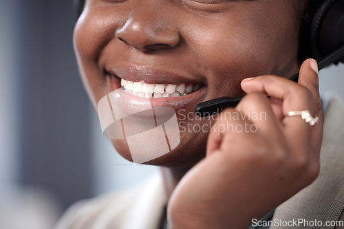 Image of Call center, microphone and mouth of a woman in customer service, crm or telemarketing. Smile on face of consultant or african agent person in sales, contact us or help desk support with a headset