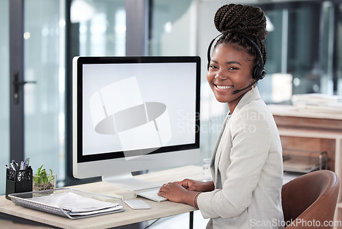 Image of Call center, computer screen and mockup with portrait of black woman in office for consulting, customer service or help desk. Communication, contact us and advice with employee for kpi and networking