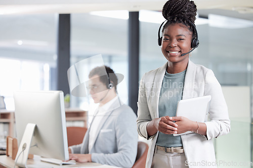 Image of Tablet, call center and manager with portrait of black woman in office for consulting, contact us and business. Leadership, communication and digital with employee for advice, training and mentor