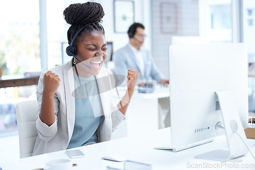 Image of Call center, headset and black woman celebrate success in customer service, crm or telemarketing. Excited consultant or african agent person in sales, contact us or help desk support with achievement