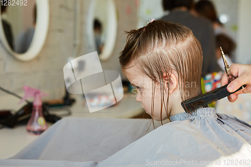 Image of Hairdresser making a hair style to cute little girl.