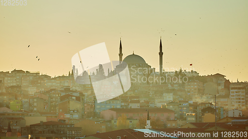 Image of Silhouette of a Mosque Fatih in a fog and sunlight reflections. Vintage style.