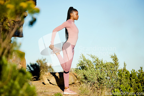 Image of Fitness, stretching and black woman outdoor, exercise and training for wellness, stress relief and health. Female person, girl or athlete stretch legs, outside and nature with workout goal and target