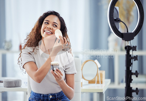 Image of Makeup influencer, product and happy woman streaming tutorial for beauty, fashion and broadcast for cosmetics. Live stream, filming and content creator or make up artist girl vlogging with cotton pad