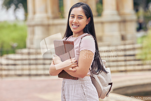 Image of University student, woman and tablet for campus portrait with smile, backpack and walking with pride. Gen z girl, digital touchscreen and happy for learning, education and scholarship at college