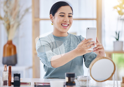 Image of Influencer, cosmetics or happy woman woman taking selfie or live streaming on social media or online network. Smile, pictures or beautiful girl recording skincare or beauty treatment on mobile app