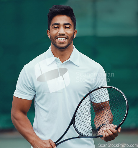 Image of Sports, tennis and portrait of happy man with racket, fitness mindset and confidence for game on court. Workout goals, pride and happiness, male athlete with motivation for health, wellness and sport