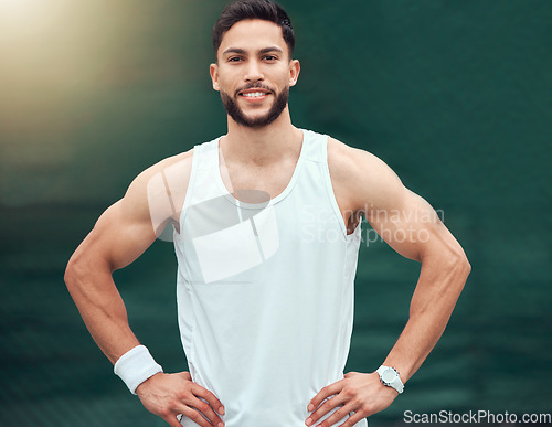 Image of Sports, tennis and portrait of happy man with confidence, fitness mindset and muscle on game court. Workout goals, pride and happiness, male athlete with smile, motivation for health and wellness.