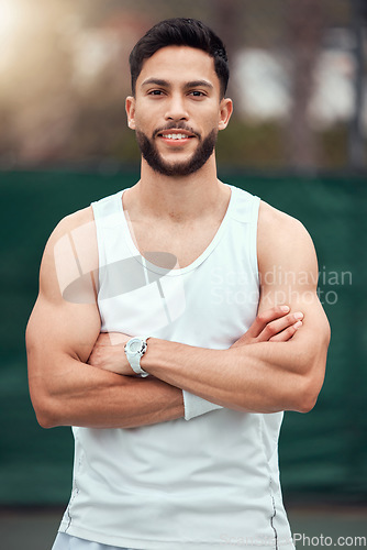 Image of Sports, tennis court and portrait of happy man with arms crossed, fitness mindset and confidence in game. Workout goal, pride and confident male athlete with motivation for health, wellness and sport