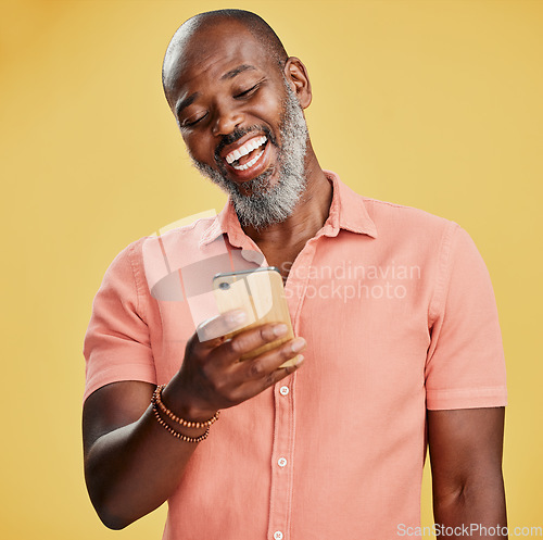 Image of Black man, studio and smile for phone communication, social media or online announcement. Mobile, mockup and person happy ux with app, reading website or typing post on internet or search on web