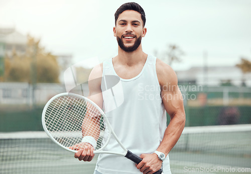 Image of Fitness, tennis and portrait of man with racket, sport mindset and confidence for happy game on court. Workout goals, pride and happiness, male athlete with motivation for health, wellness and sports