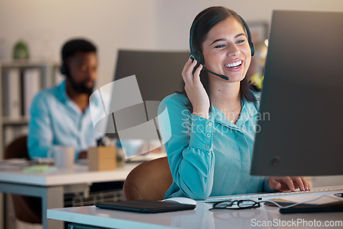 Image of Agent, call center and woman with telemarketing, customer service and communication in an office. Female person, consultant and employee with headphones, tech support and advice with help and a smile