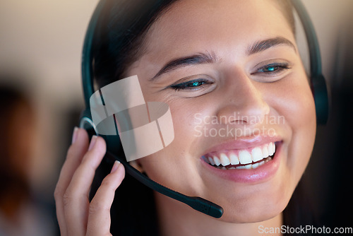 Image of Call center, happy and woman in office for customer service, telemarketing or support. Contact us, crm and female sales agent, consultant or professional working, consulting or help desk for business