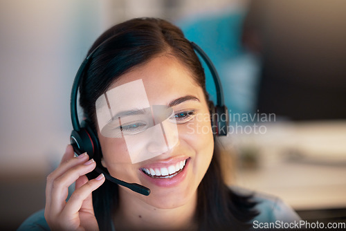 Image of Call center, smile and business woman in office for customer service, telemarketing or support. Crm, contact us and happy female sales agent, consultant or employee working, consulting and help desk.