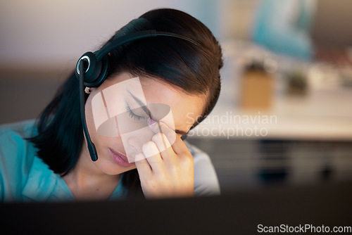 Image of Call center, headache and woman with stress in office for customer service, telemarketing or support. Problem, burnout or female sales agent, consultant or employee with depression, mistake or crisis