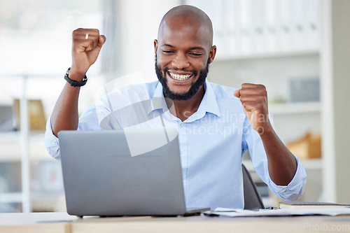 Image of Laptop, business and celebration of black man, winner and success in office. Computer, excited and African person celebrate goals, target or lottery, prize or good news for promotion, bonus or reward