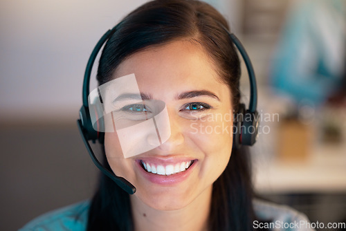 Image of Call center, face and woman smile in office for telemarketing, customer service and business support. Portrait, contact us and happy female sales agent, crm consultant or professional from Australia.