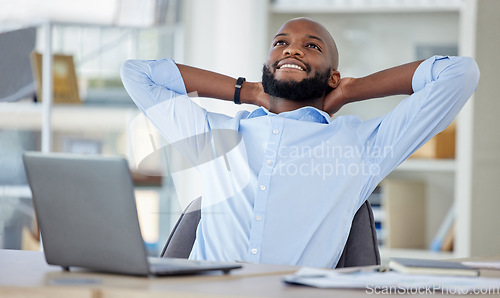 Image of Relax, business and black man stretching, laptop and smile with confidence, project or startup success. Male person, consultant or employee with completed task, .professional or career with happiness