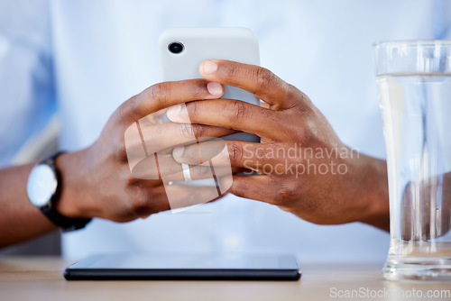 Image of Hands, smartphone and typing, social media and chat online with communication, technology and contact. Closeup of person scroll notification, using phone and mobile app with internet and connectivity