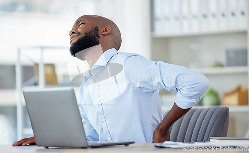 Image of Black man in business, back pain and injury with health problem and muscle inflammation, professional in office and fibromyalgia. Corporate male person has backache, bad posture and medical emergency
