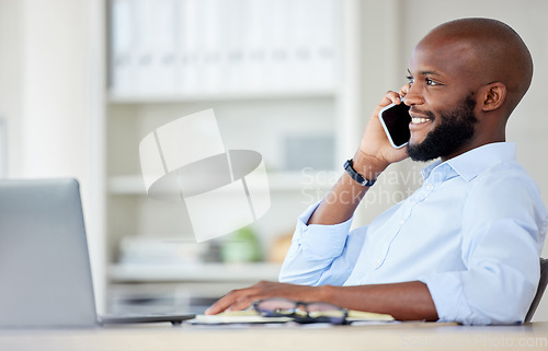 Image of Black man, phone call and business contact, communication and networking with smile during conversation. Businessman, professional chat and b2b with person using work mobile for deal negotiation