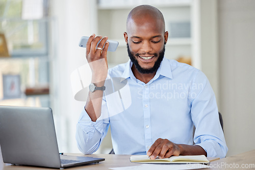 Image of Business, phone call and man with notebook, speaker and talking with a laptop, planning and connection. Male person, happy employee and entrepreneur with a smartphone, loudspeaker and communication