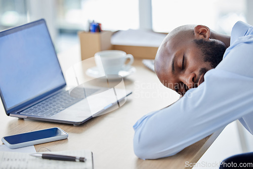 Image of Sleeping, tired and business with black man in office for frustrated, fatigue and overworked. Exhausted, stress and deadline problem with male employee for overwhelmed, mental health and dreaming