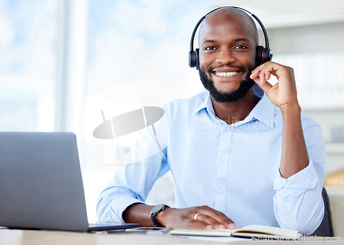 Image of Portrait, call center and black man with telemarketing, smile and customer service with a laptop, headphones and advice. Face, male person and happy consultant with headset, friendly and tech support