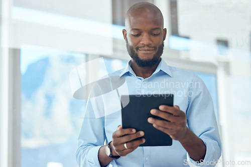 Image of Tablet, online and entrepreneur search internet for communication app, social media and typing an email to a contact. Networking, agency and business man or professional working on a proposal