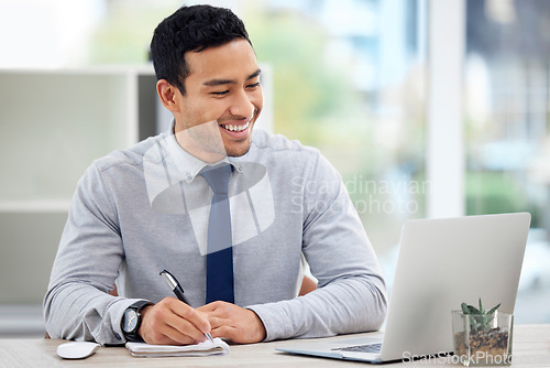 Image of Happy, manager or businessman working in office or writing in notebook, report and laptop for corporate job. Man, smile and employee planning with notes, research or business analytics on company