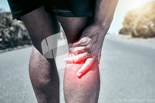 Image of Athlete, pain and joint with closeup in the outdoor with exercise for sports injury from a workout.Training, road and knee injury with accident for fitness and medical emergency with leg for health.