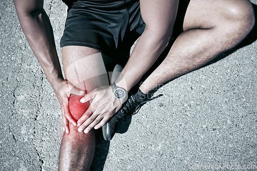 Image of Road, athlete and knee injury in closeup from exercise with emergency from workout with massage. Sportsman, outdoor and joint with pain from accident with training and physical therapy for muscle.