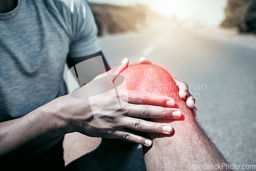 Image of Knee injury, road and hurt man in closeup after exercise with training emergency with inflammation. Athlete, outdoor and joint pain with accident from workout, fitness, cardio and muscle discomfort.