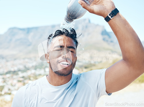 Image of Pour water, fitness and face of man in nature for exercise, marathon training and running. Sports, mountain and male person refresh with liquid for wellness, cardio workout and hydration to cool down
