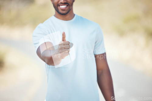 Image of Man, fitness and hand with thumbs up in nature for exercise, cardio workout or running outdoors. Happy male person, athlete or runner with thumb emoji, yes sign or like for healthy wellness outside