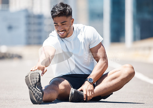 Image of Happy man, fitness and stretching body in city for running, cardio workout or exercise outdoors. Fit, active or sporty male person, athlete or runner in warm up leg stretch for training in urban town