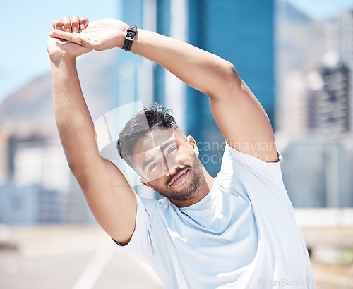 Image of Stretching, running and fitness with man in city for cardio, marathon and performance. Workout, exercise and health with male runner and body warm up in road for training, sports and competition